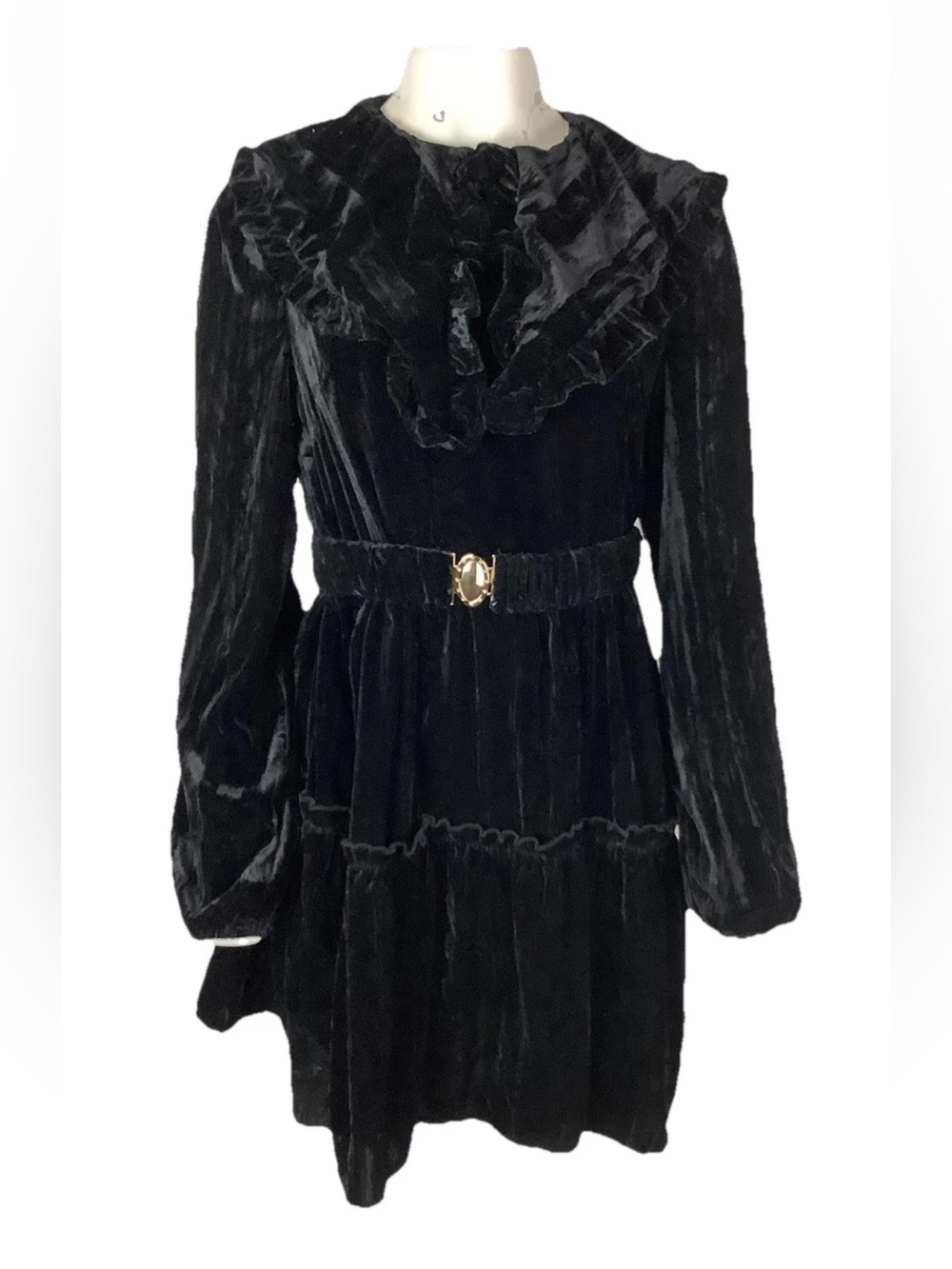 NWT Cider Sz L Velvet Belted Witchy Whimsy Goth Ruffle Tiered Dress Black